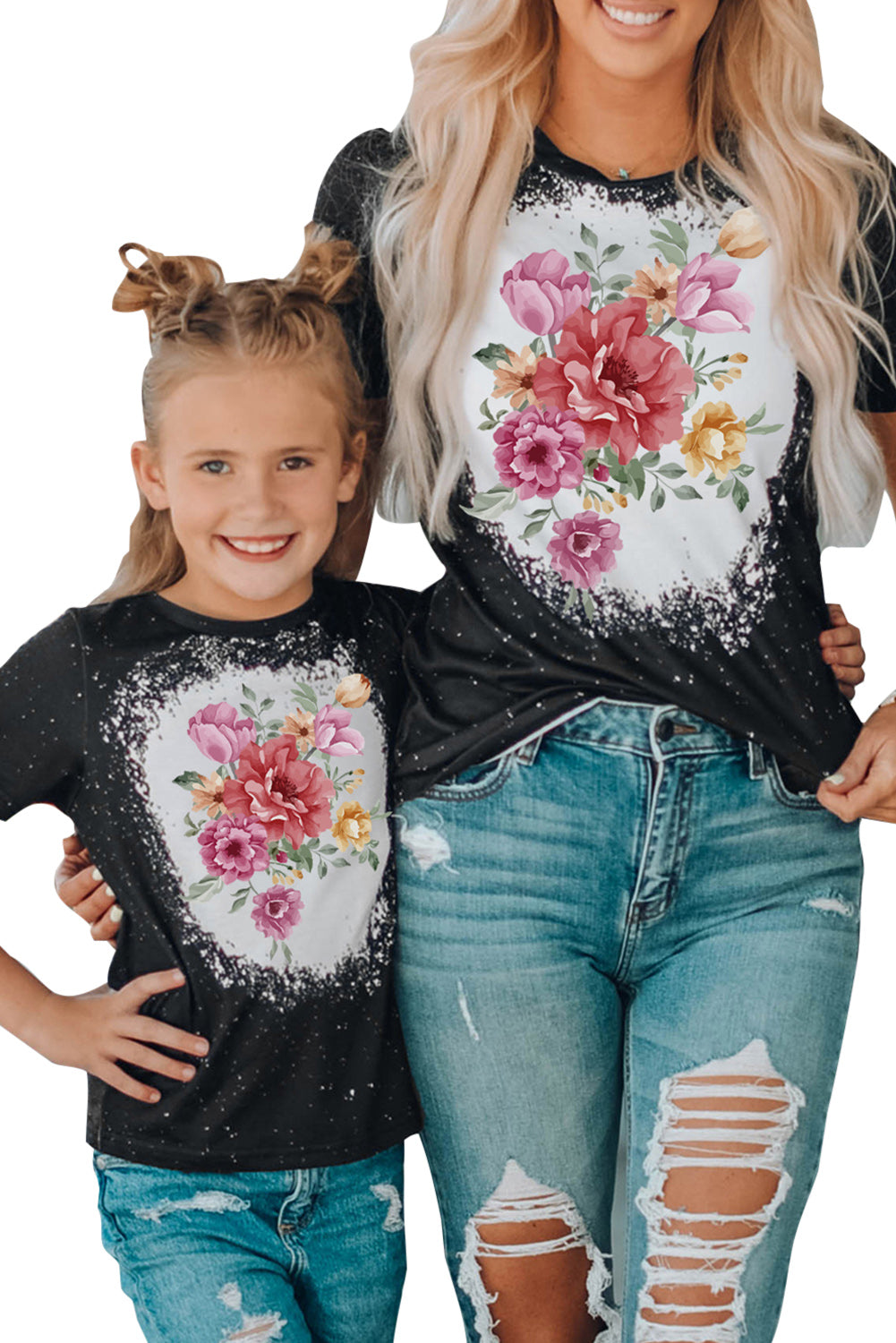 Black Family Matching Mom's Floral Print Color Block T Shirt Family T-shirts JT's Designer Fashion