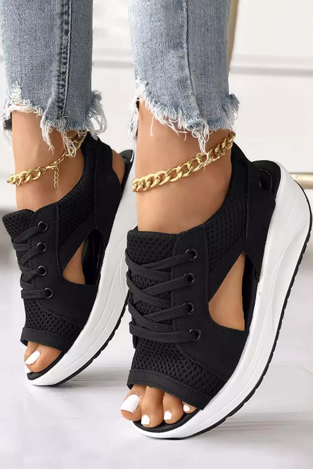 Black Mesh Lace-Up Peep Toe Wedged Sandals Sandals JT's Designer Fashion
