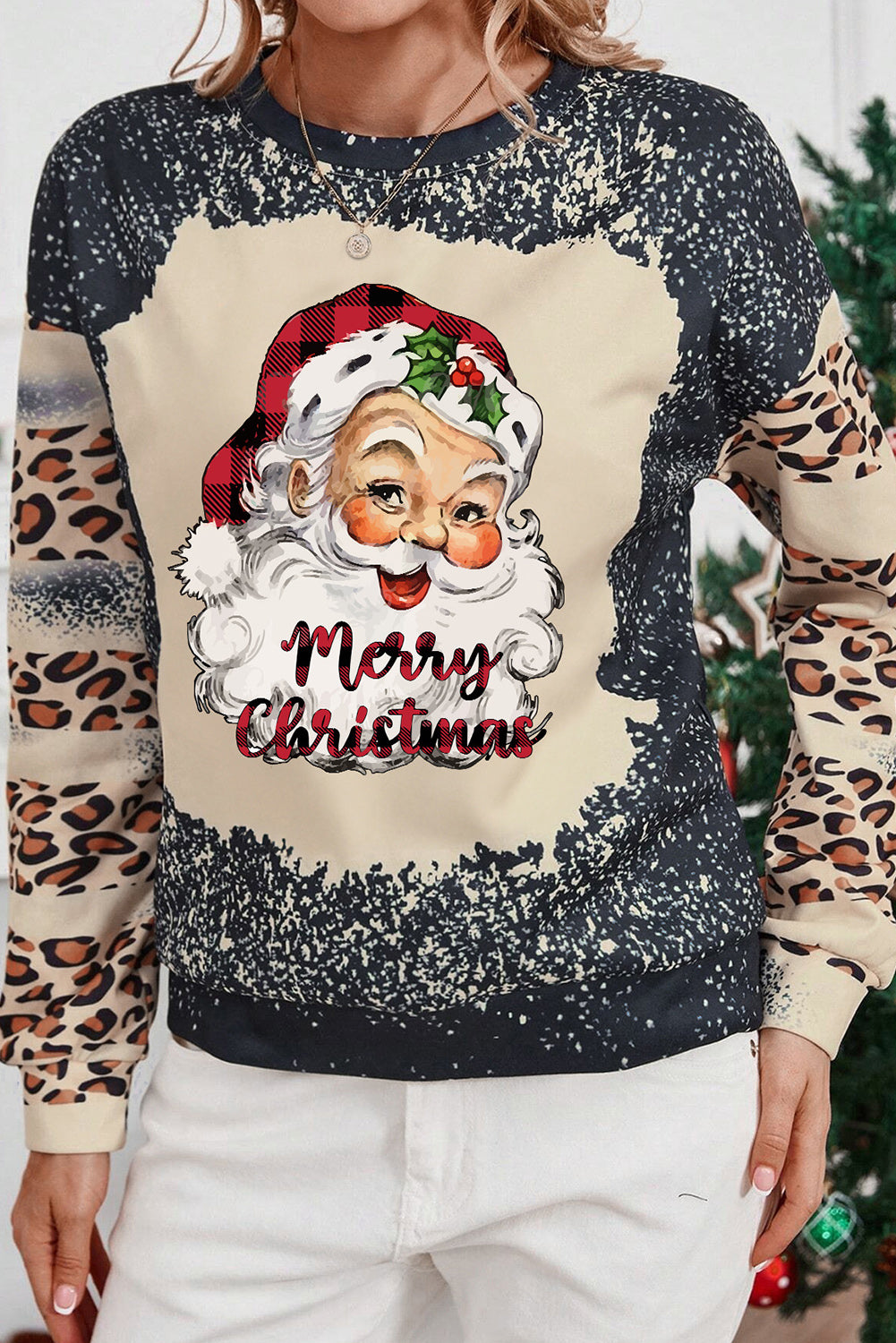 Black Christmas Santa Claus Leopard Print Bleached Sweatshirt Graphic Sweatshirts JT's Designer Fashion