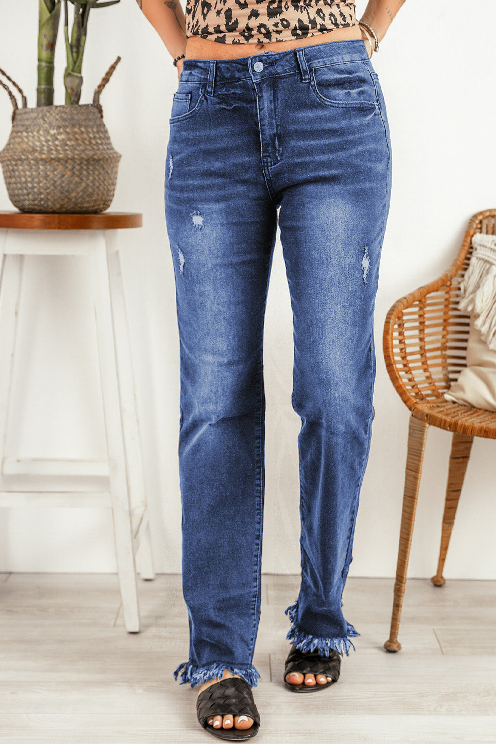 Blue Raw Hem Straight Leg Jeans Jeans JT's Designer Fashion