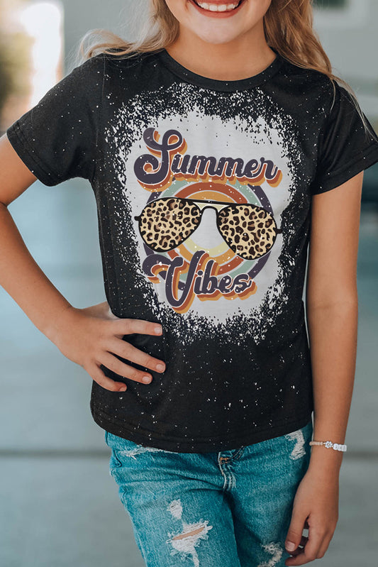 Black Summer Vibes Leopard Sunglass Color Block Girl's T Shirt Black 95%Polyester+5%Elastane Family T-shirts JT's Designer Fashion