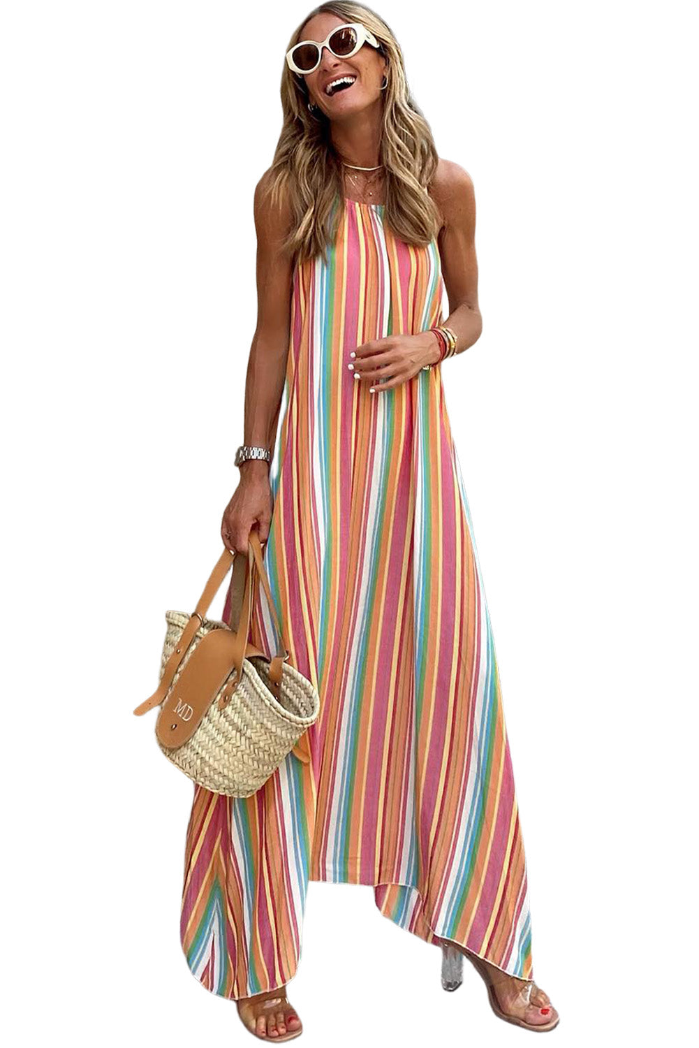Bohemian Striped Print Sleeveless Holiday Maxi Dress Maxi Dresses JT's Designer Fashion
