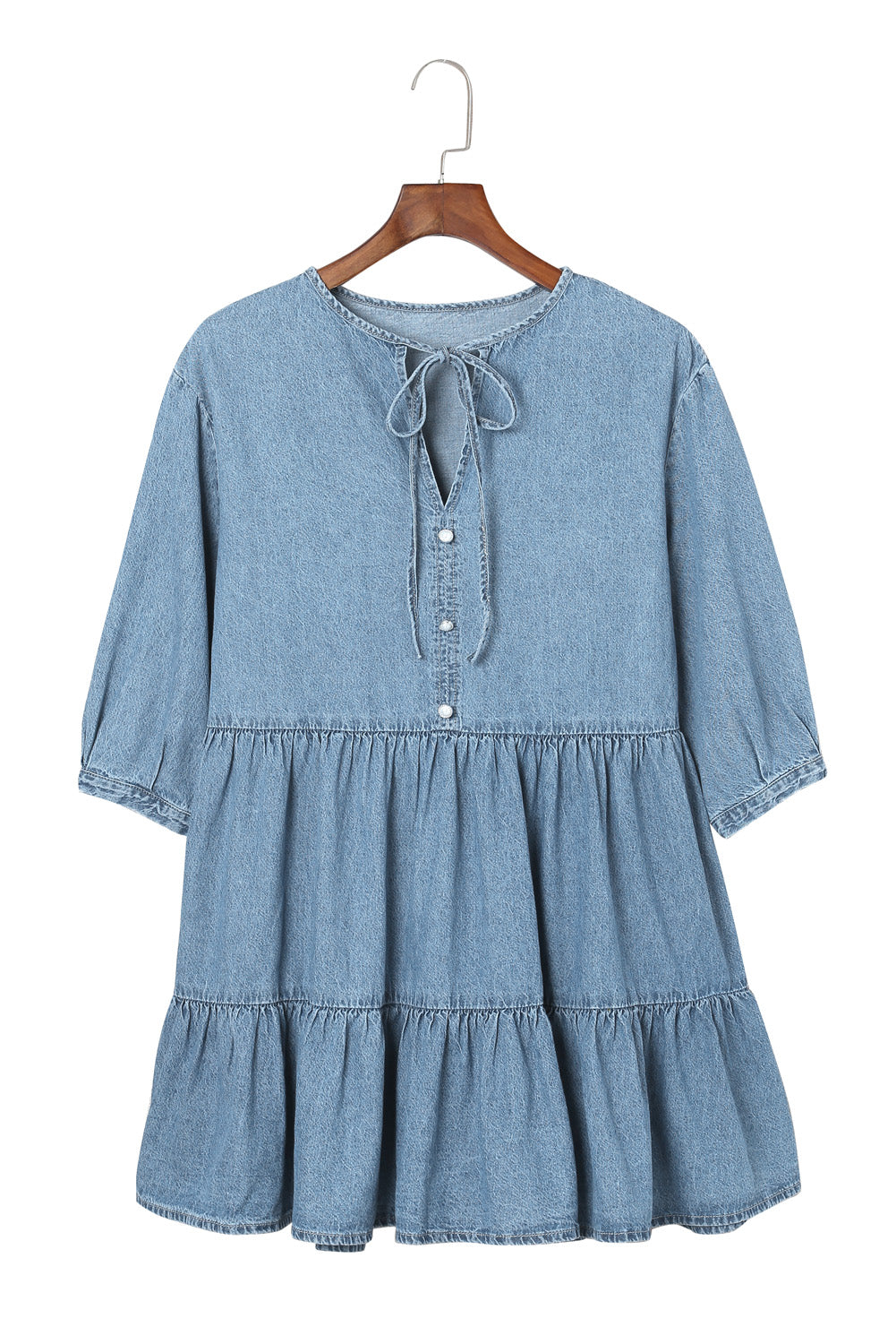 Sky Blue Split Neck Tiered Denim Dress Mini Dresses JT's Designer Fashion