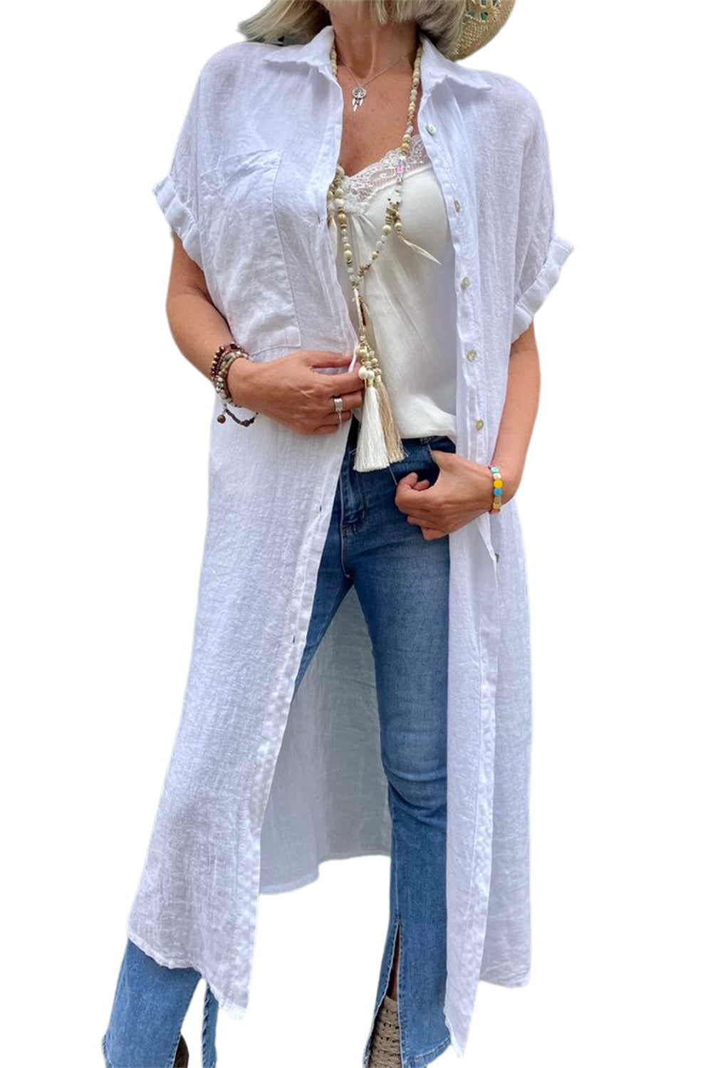 White Button Up Collared Short Sleeve Kimono Kimonos JT's Designer Fashion