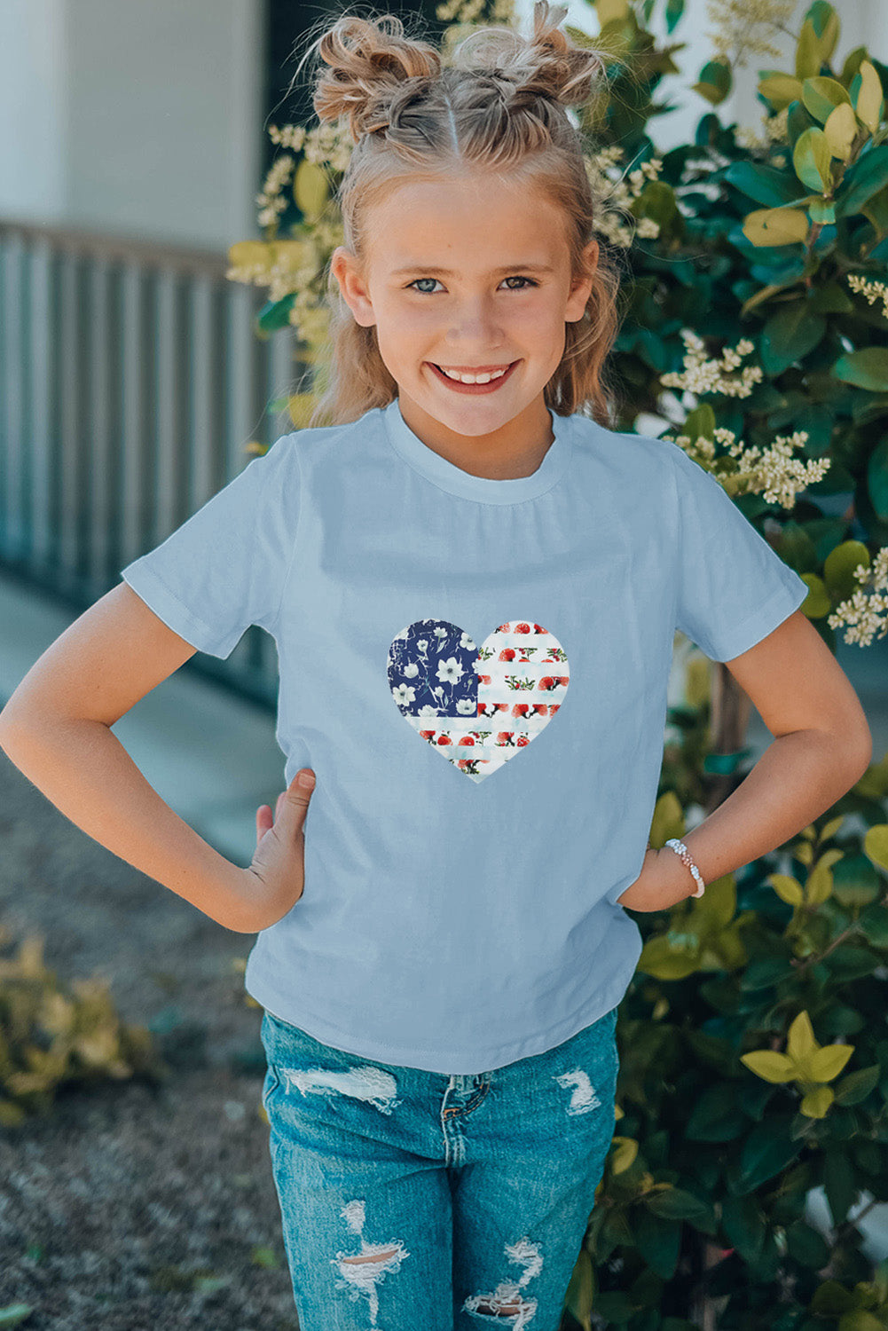 Sky Blue Family Matching American Flag Flower Heart Print Girl's Graphic Tee Family T-shirts JT's Designer Fashion