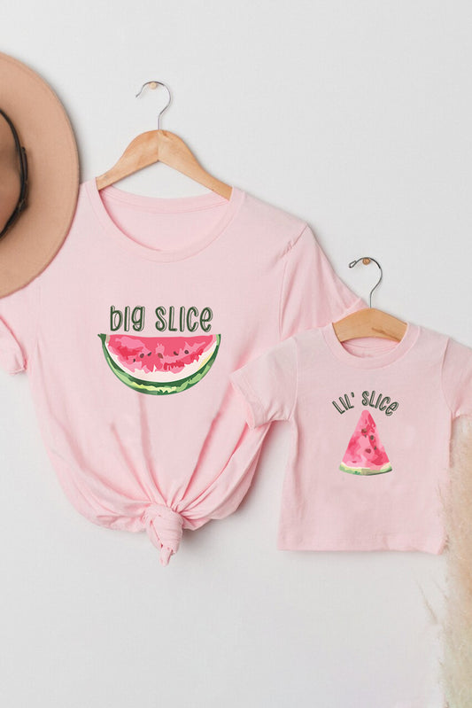 Pink Family Matching LIL' Slice Watermelon Crewneck Girl's Graphic Tee Pink 95%Cotton+5%Elastane Family T-shirts JT's Designer Fashion