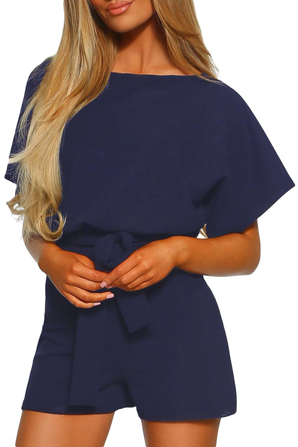 Blue Over The Top Belted Playsuit 95%Polyester+5%Spandex Jumpsuits & Rompers JT's Designer Fashion