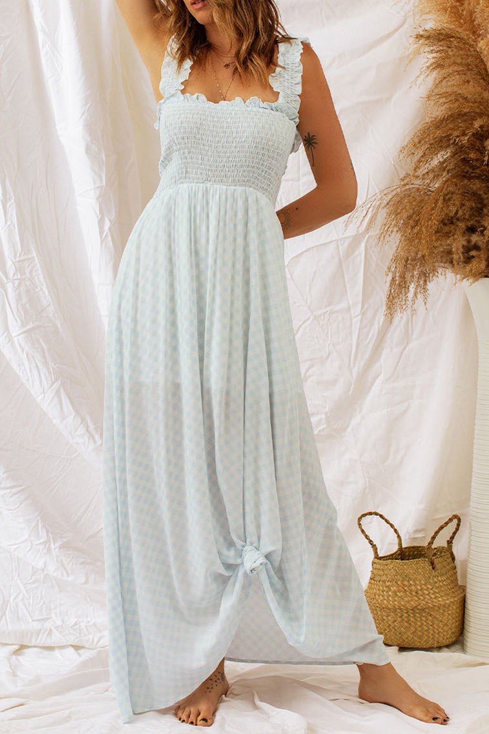 Beige Ruffled Straps Smocked Bodice Maxi Dress Maxi Dresses JT's Designer Fashion