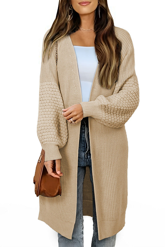 Apricot Contrast Knit Puff Sleeve Open Front Long Cardigan Pre Order Sweaters & Cardigans JT's Designer Fashion