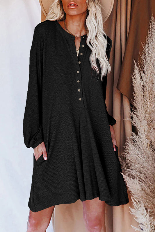 Black Ribbed Long Sleeve Half Button A-line Dress Dresses JT's Designer Fashion