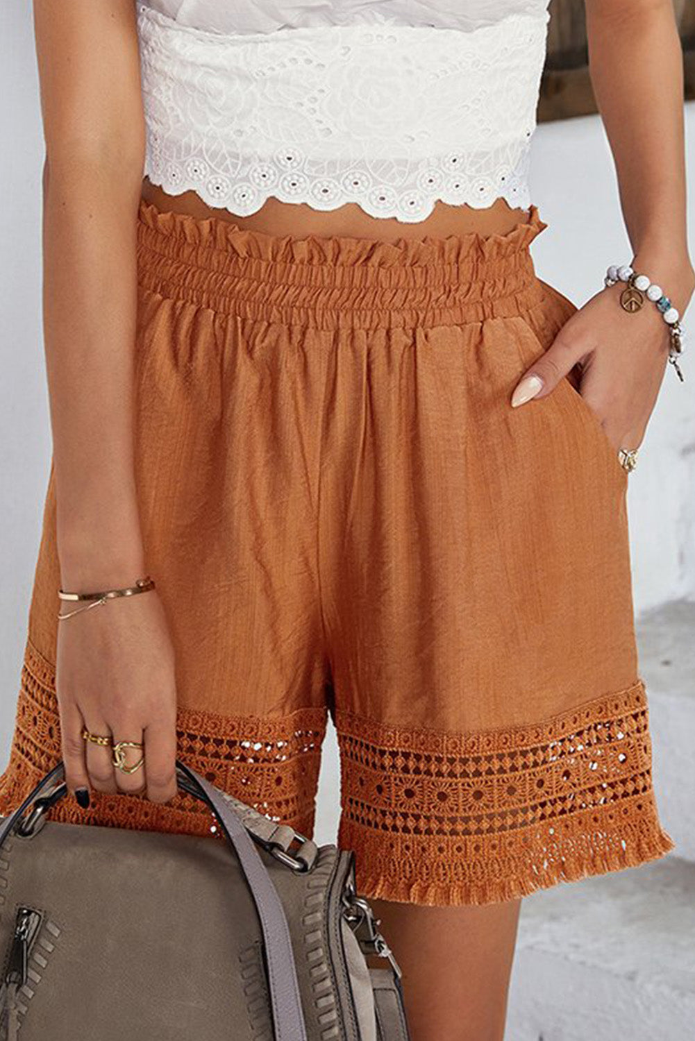 Brown Smocked Waist Crochet Hem Casual Loose Shorts Casual Shorts JT's Designer Fashion