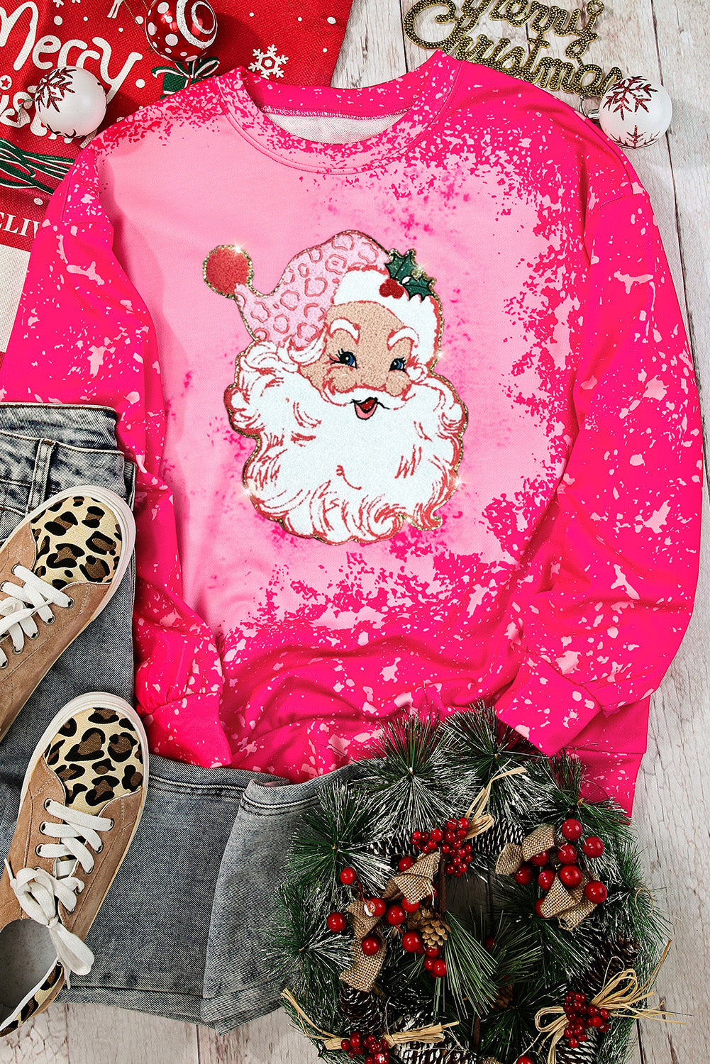Rose Christmas Santa Claus Tie Dye Print Pullover Sweatshirt Rose 95%Polyester+5%Elastane Graphic Sweatshirts JT's Designer Fashion