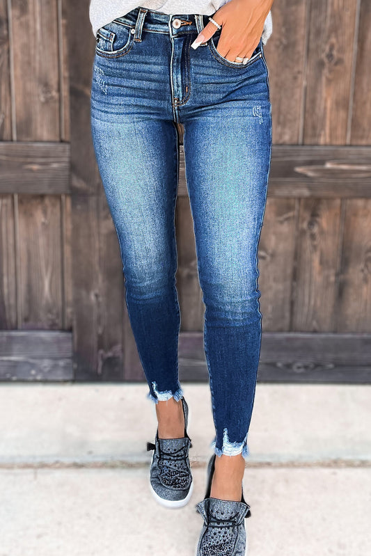 Blue Raw Hem Ankle-length Skinny Jeans Blue 61%Cotton+33%Polyester+5%Viscose+1%Elastane Jeans JT's Designer Fashion