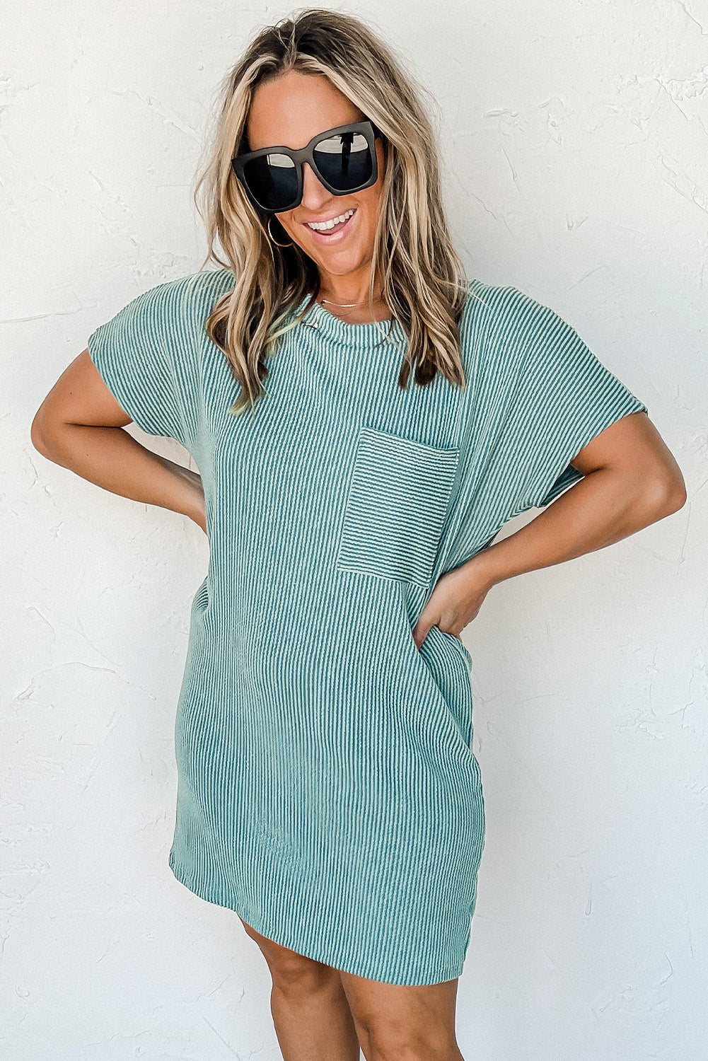 Blue Striped Ribbed Knit T-shirt Shift Dress T Shirt Dresses JT's Designer Fashion