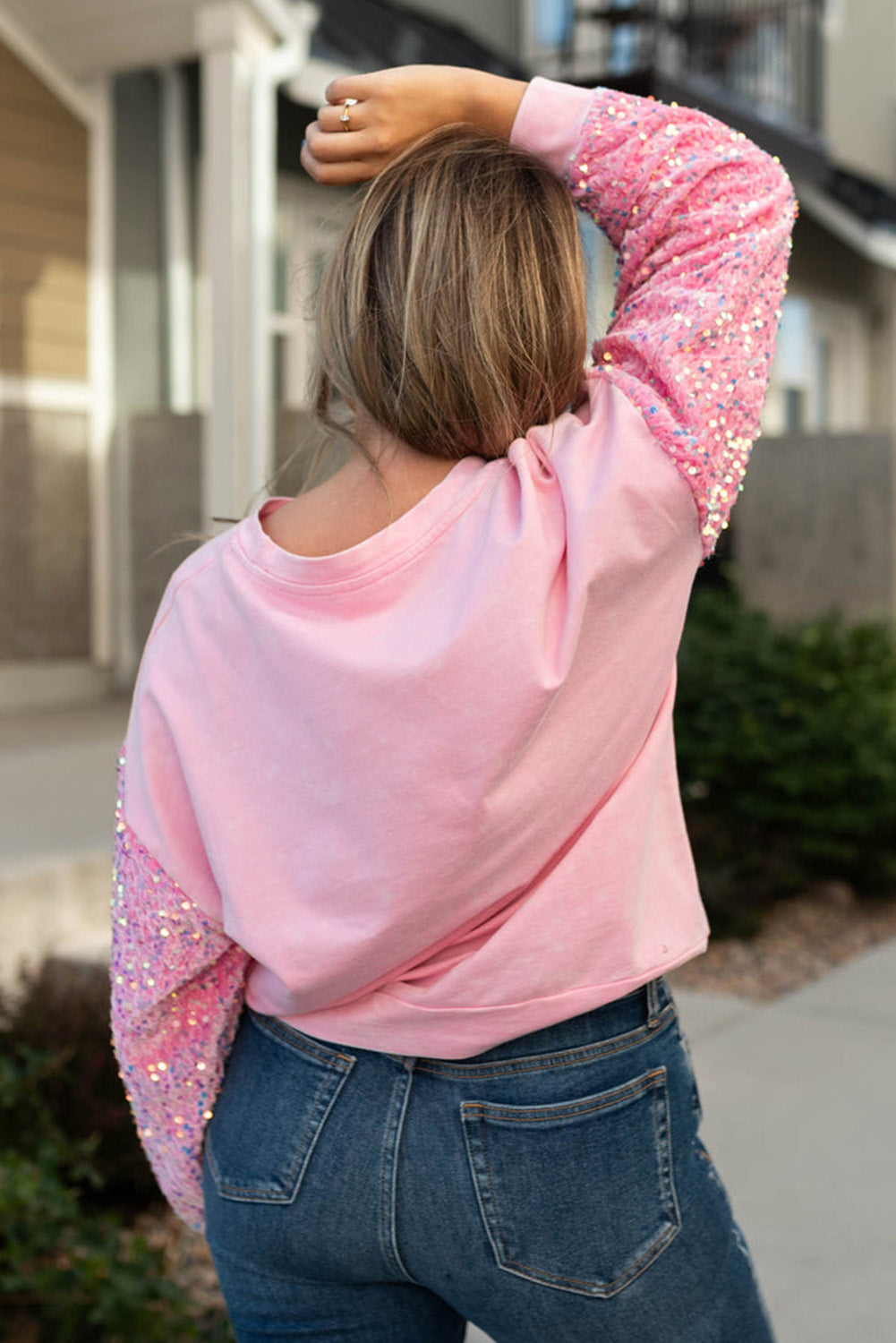 Pink Plus Size Sequin Sleeve Drop Shoulder Sweatshirt Pre Order Plus Size JT's Designer Fashion
