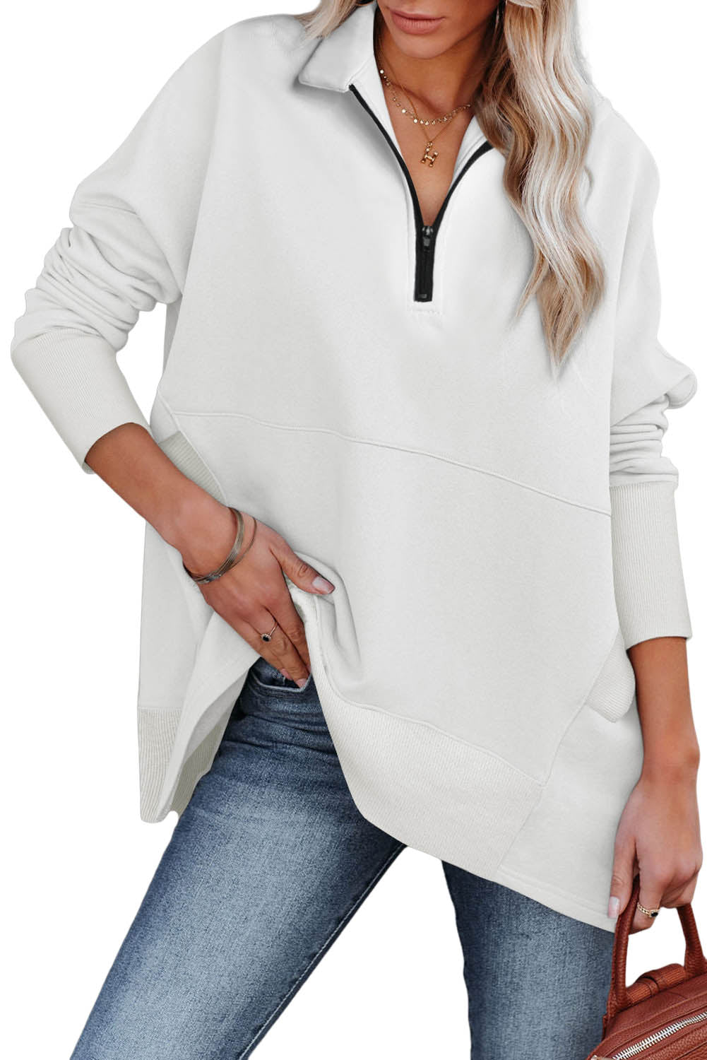 White Oversized Quarter-Zip Pullover Sweatshirt Pre Order Sweatshirts & Hoodies JT's Designer Fashion