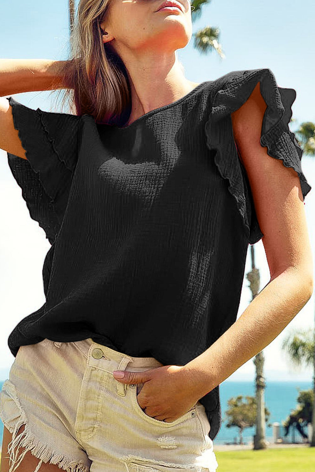 Black Crinkled Cotton Gauze Ruffle Sleeve Blouse Pre Order Tops JT's Designer Fashion