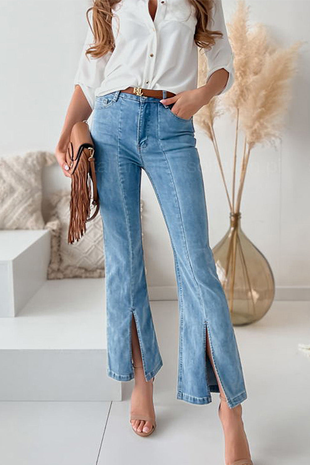 Sky Blue High Waist Seamed Split Flare Jeans Jeans JT's Designer Fashion