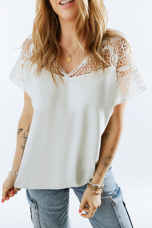 White Hollowed Lace Short Sleeve V Neck Blouse Blouses & Shirts JT's Designer Fashion