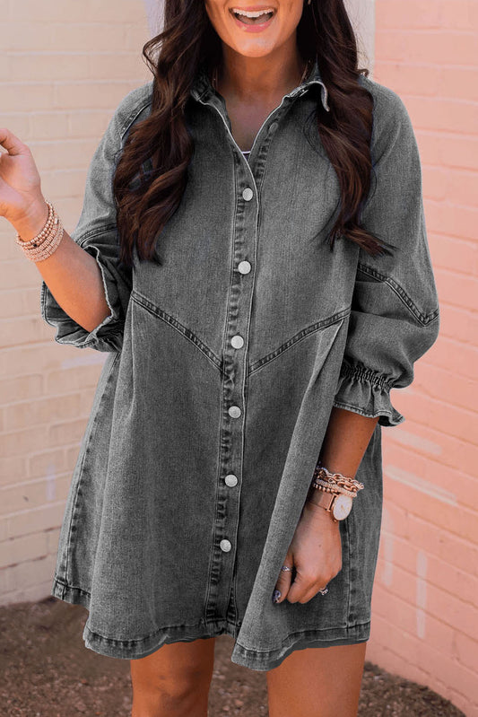 Gray Buttoned Long Sleeve Denim Mini Dress Dresses JT's Designer Fashion