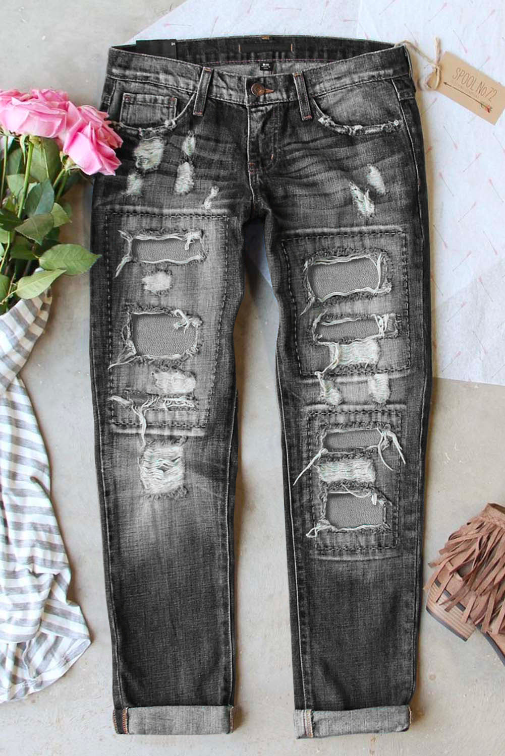 Gray Buttoned Pockets Distressed Jeans Jeans JT's Designer Fashion