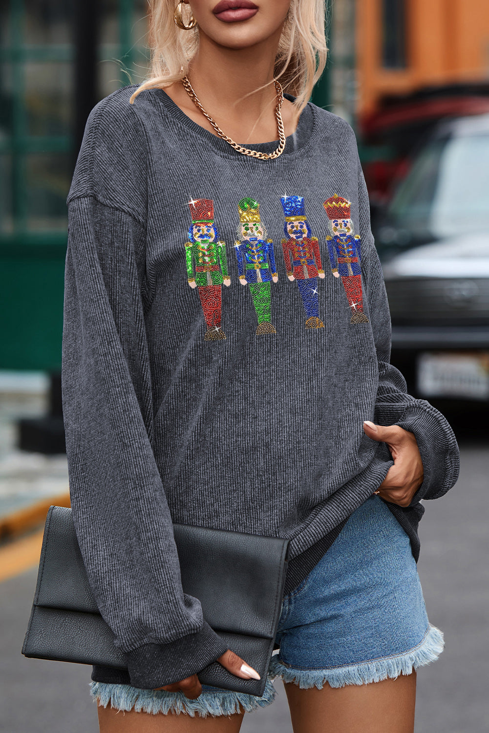 Gray Sequined Nutcracker Doll Corded Baggy Sweatshirt Graphic Sweatshirts JT's Designer Fashion