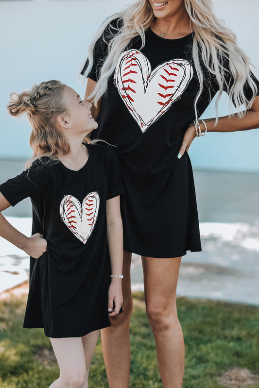 Black Baseball Love Print Crew Neck Mini Dress Black 95%Polyester+5%Spandex Family Dress JT's Designer Fashion