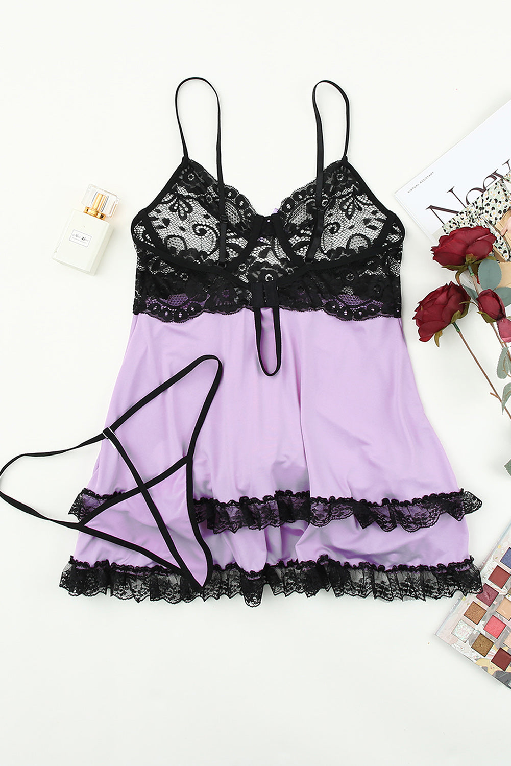 Purple Lilac And Black Lace Babydoll Set Babydolls & Chemises JT's Designer Fashion