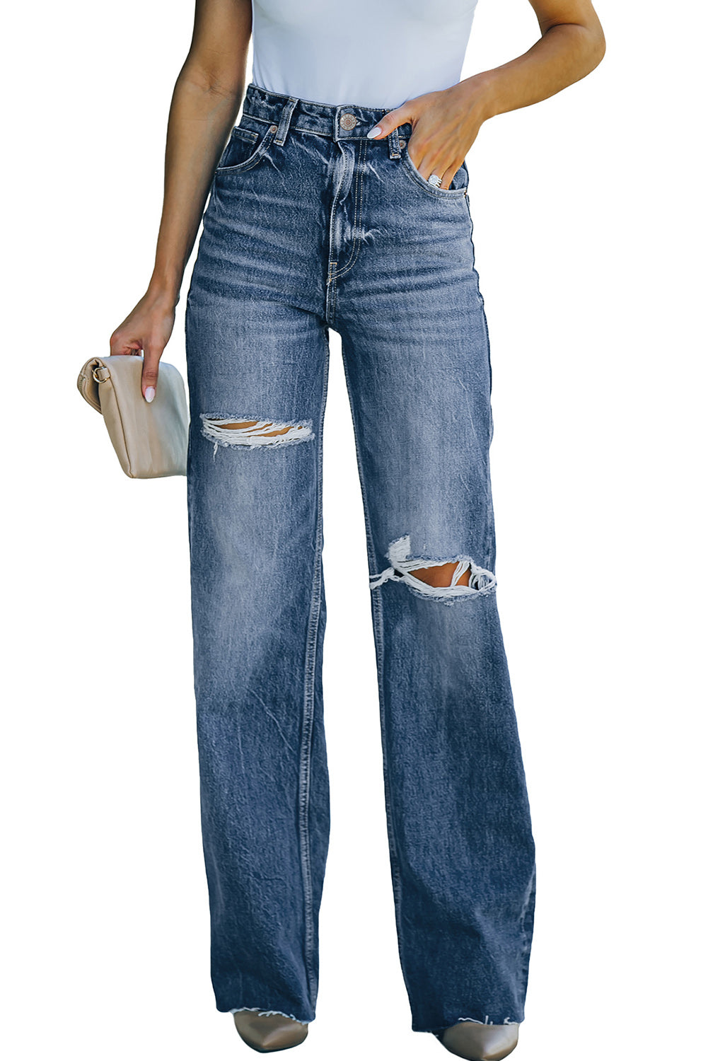 Sky Blue High Rise Ripped Straight Legs Loose Jeans Jeans JT's Designer Fashion