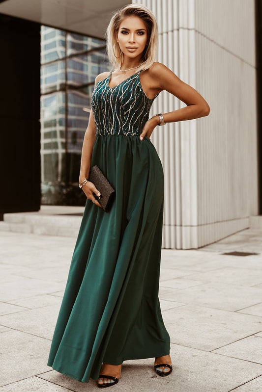 Green Sequin Lines Bodice High Waist Gown Green 100%Polyester Sequin Dresses JT's Designer Fashion