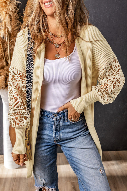 Apricot Crochet Lace Sleeve Ribbed Knit Cardigan Pre Order Sweaters & Cardigans JT's Designer Fashion