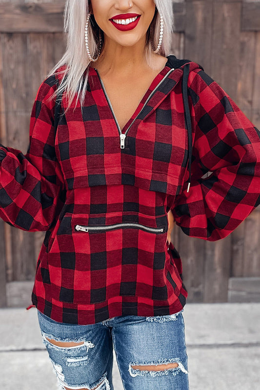 Red Buffalo Plaid Zipped Front Pocketed Hoodie Red 100%Polyester Sweatshirts & Hoodies JT's Designer Fashion
