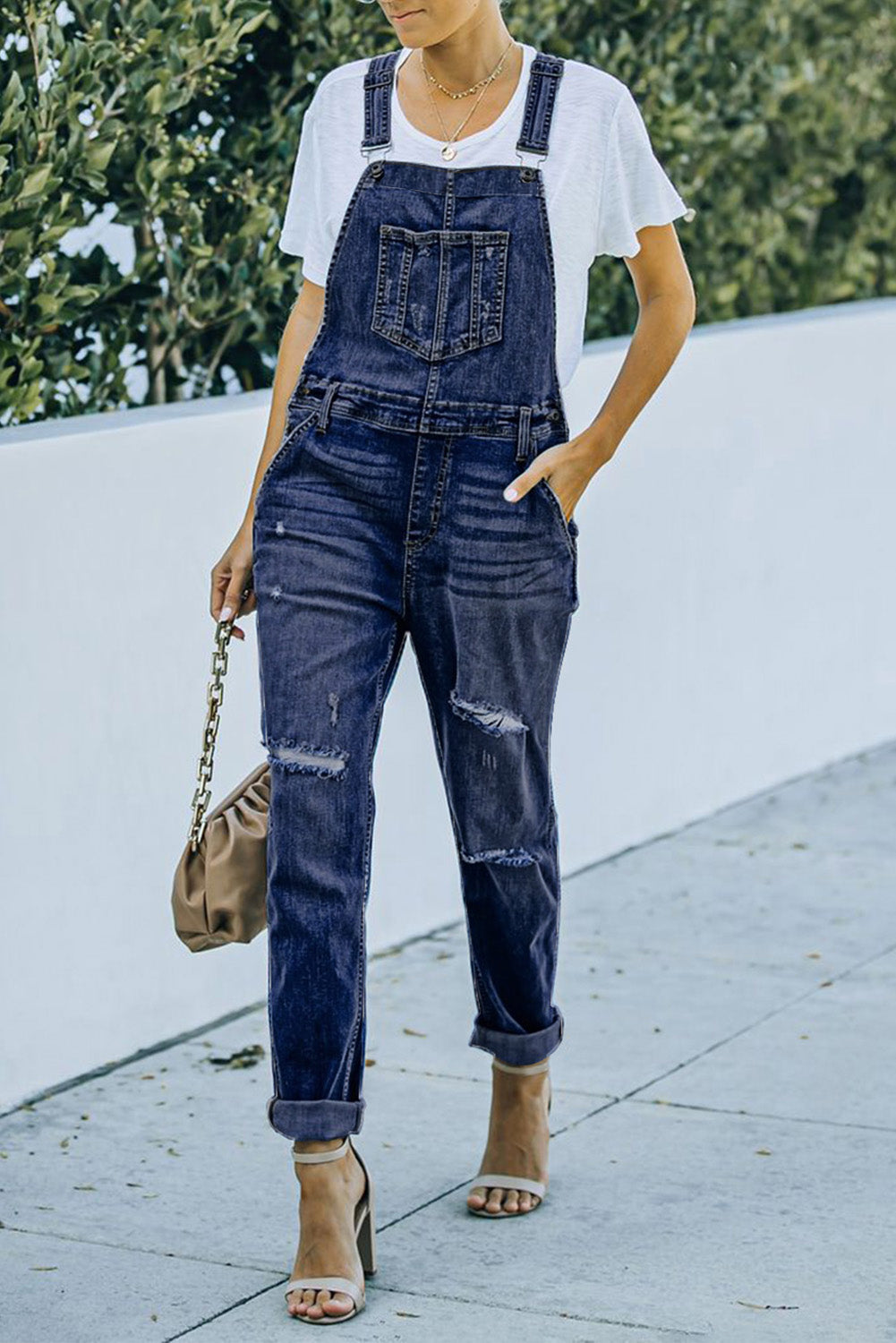 Blue Distressed Bib Denim Overalls Blue Jeans JT's Designer Fashion