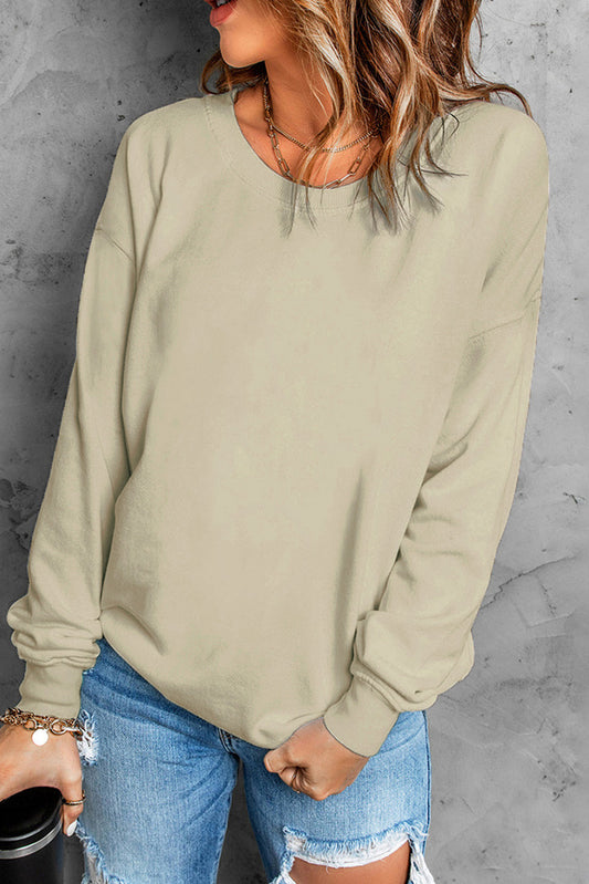 Khaki Plain Crew Neck Pullover Sweatshirt Khaki 70%Polyester+30%Cotton Sweatshirts & Hoodies JT's Designer Fashion