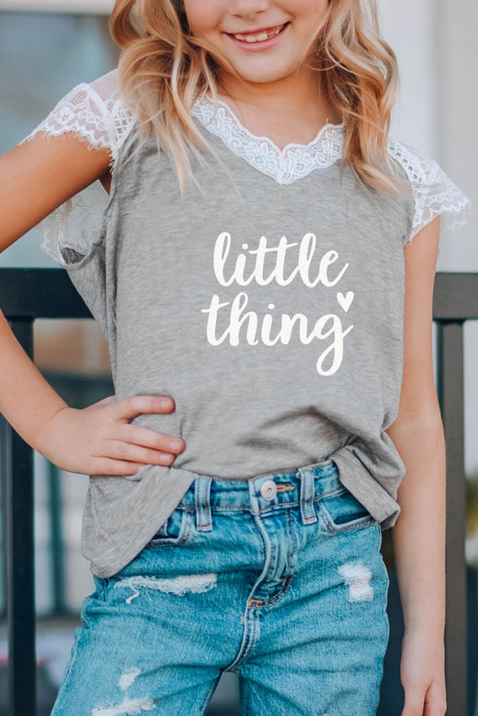 Gray Little Thing Lace Patchwork Short Sleeve Girl's T Shirt Gray 95%Polyester+5%Spandex Family T-shirts JT's Designer Fashion