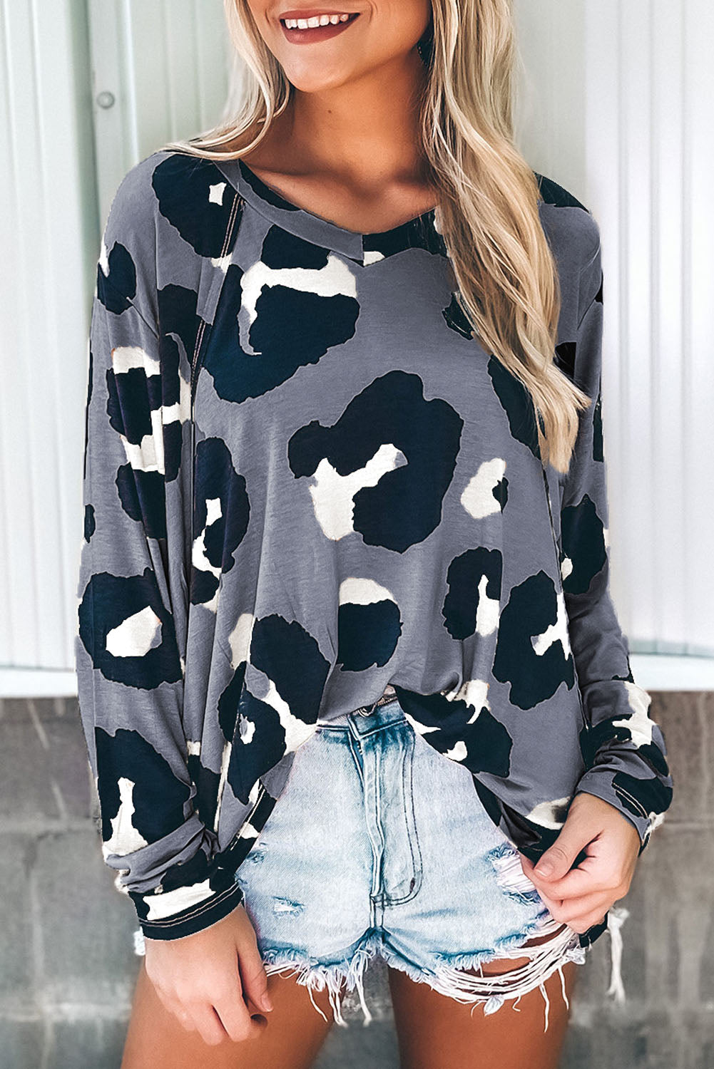 Gray Leopard Print Long Sleeve Loose Top Gray 95%Polyester+5%Elastane Long Sleeve Tops JT's Designer Fashion