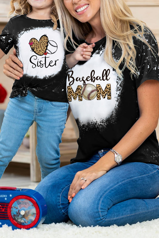 Black Leopard Heart Baseball Graphic Family Matching T Shirt for Daughter Black 95%Polyester+5%Elastane Family T-shirts JT's Designer Fashion