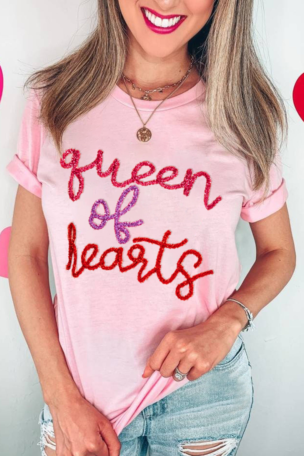 Pink Queen Of Hearts Tinsel Graphic T-shirt Pre Order Tops JT's Designer Fashion