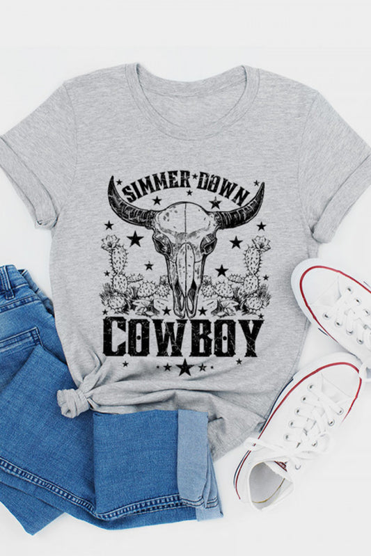 Gray Western Cowboy Steer Head Graphic Print Short Sleeve T Shirt Gray 95%Polyester+5%Spandex Graphic Tees JT's Designer Fashion