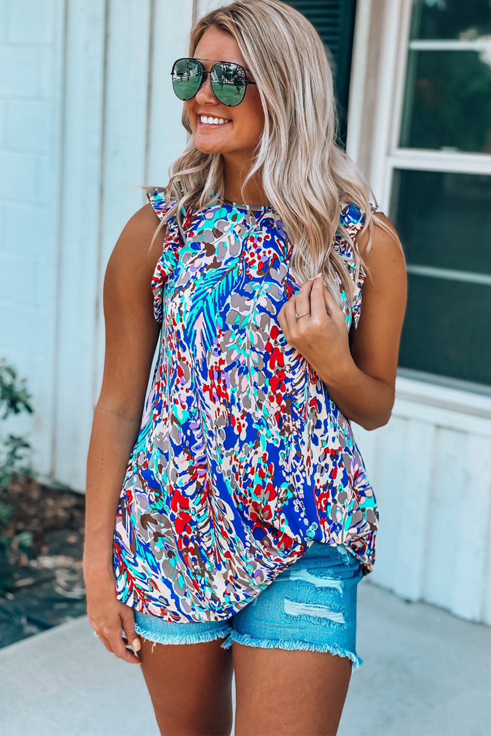 Blue Floral Print Tank Top with Ruffles Tank Tops JT's Designer Fashion