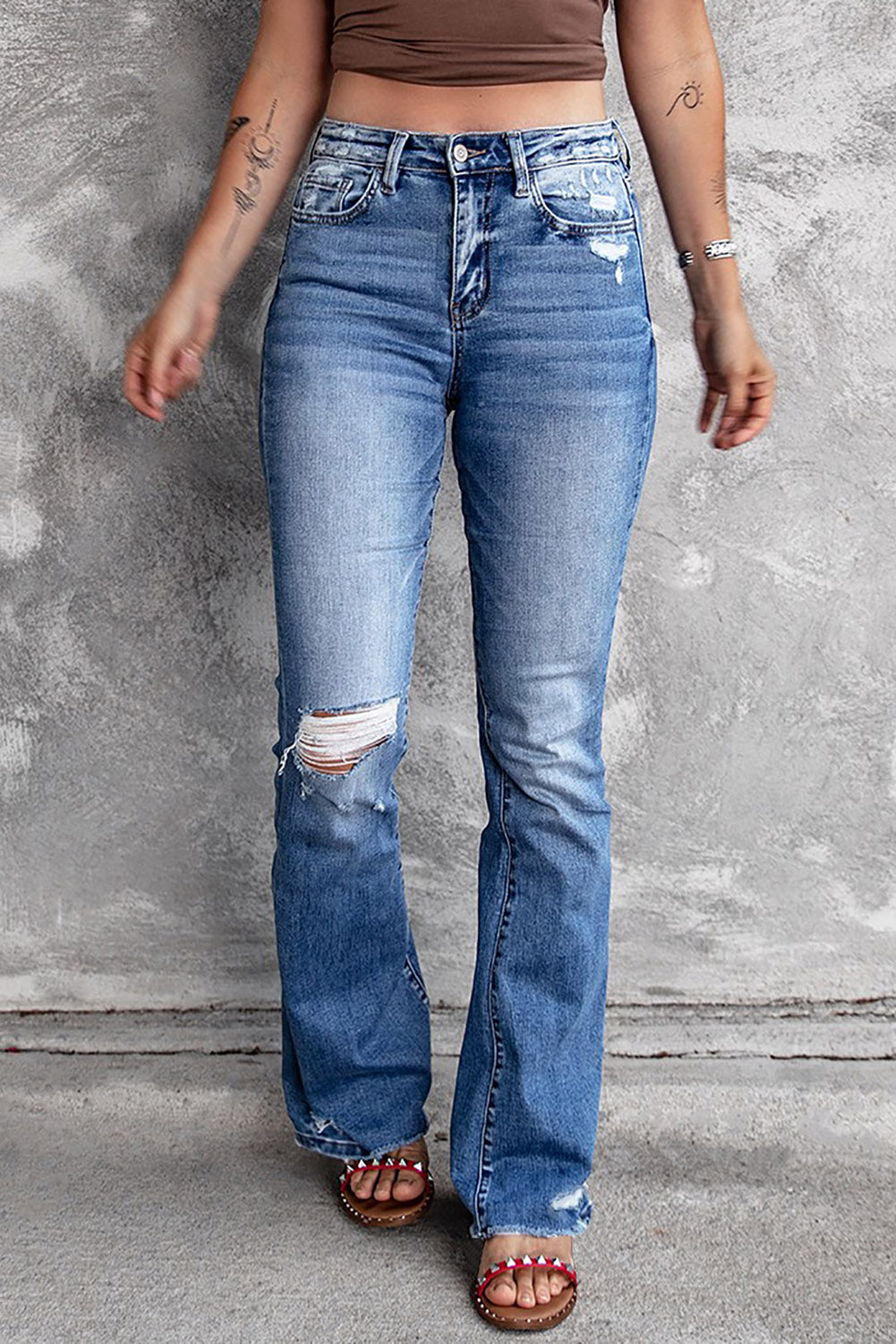 Blue Distressed Flare Jeans (customizable) Blue (US 4-6)S 70%Cotton+28%Polyester+2%Elastane Jeans JT's Designer Fashion