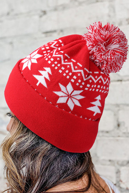 Fiery Red Christmas Geometry Pompom Cuffed Beanie Hat Hats & Caps JT's Designer Fashion
