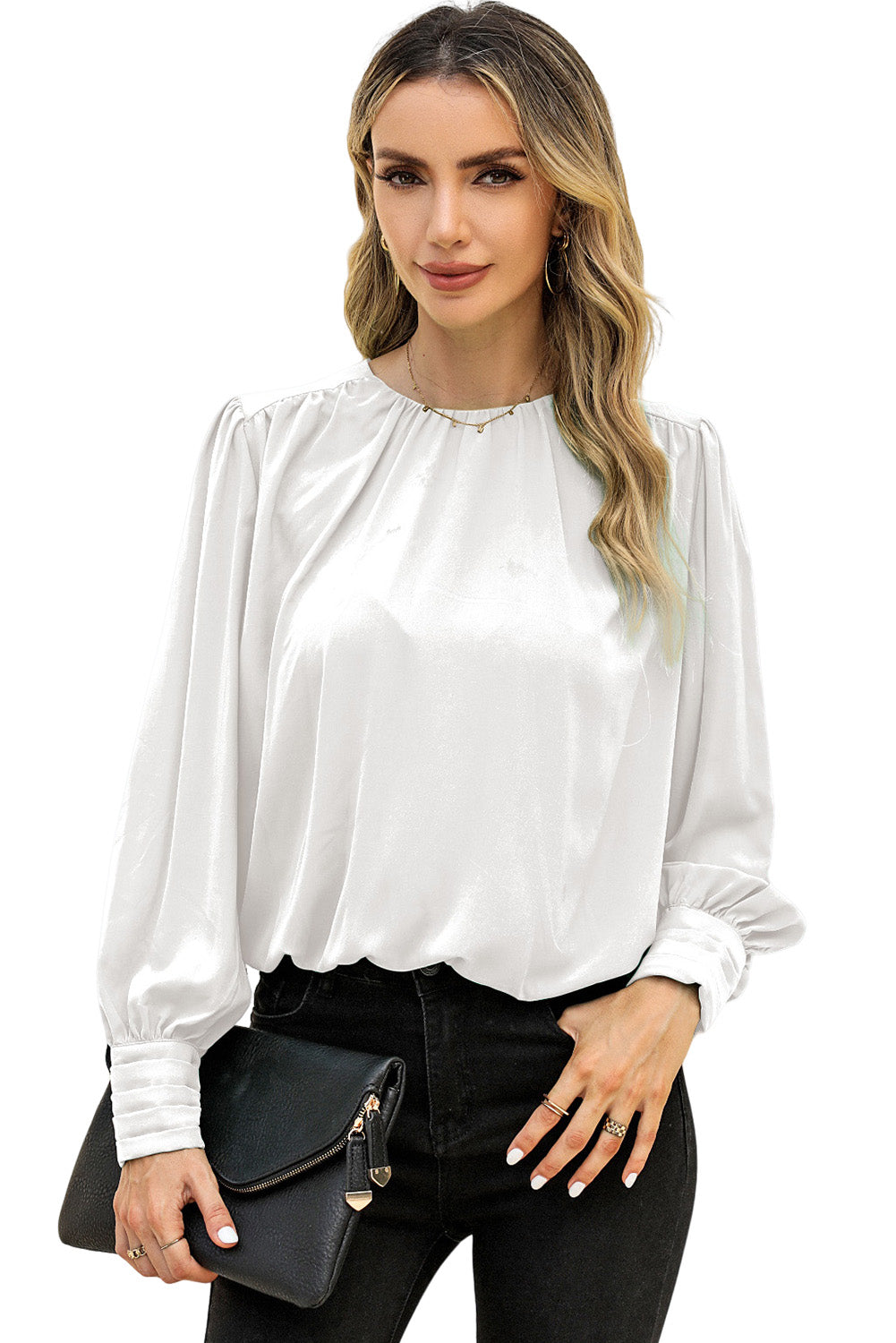 White Padded Shoulder Buttoned Cuffs Pleated Loose Blouse Tops & Tees JT's Designer Fashion