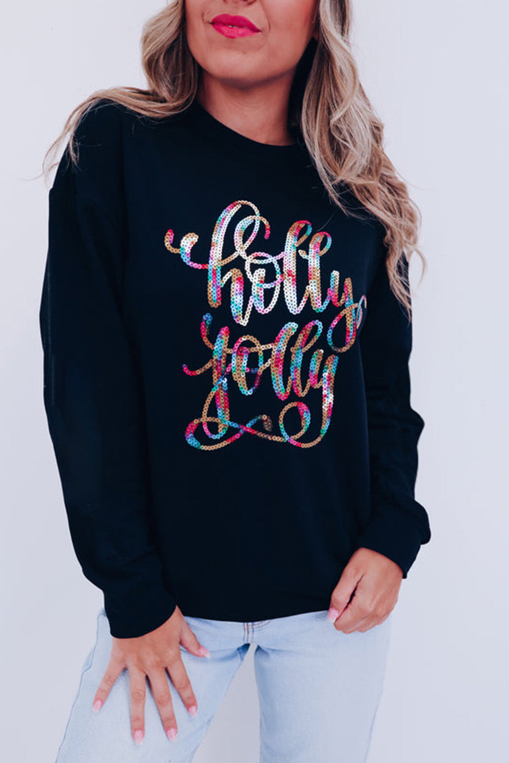 Black Holly Jolly Crew Neck Pullover Sweatshirt Black 70%Polyester+30%Cotton Graphic Sweatshirts JT's Designer Fashion
