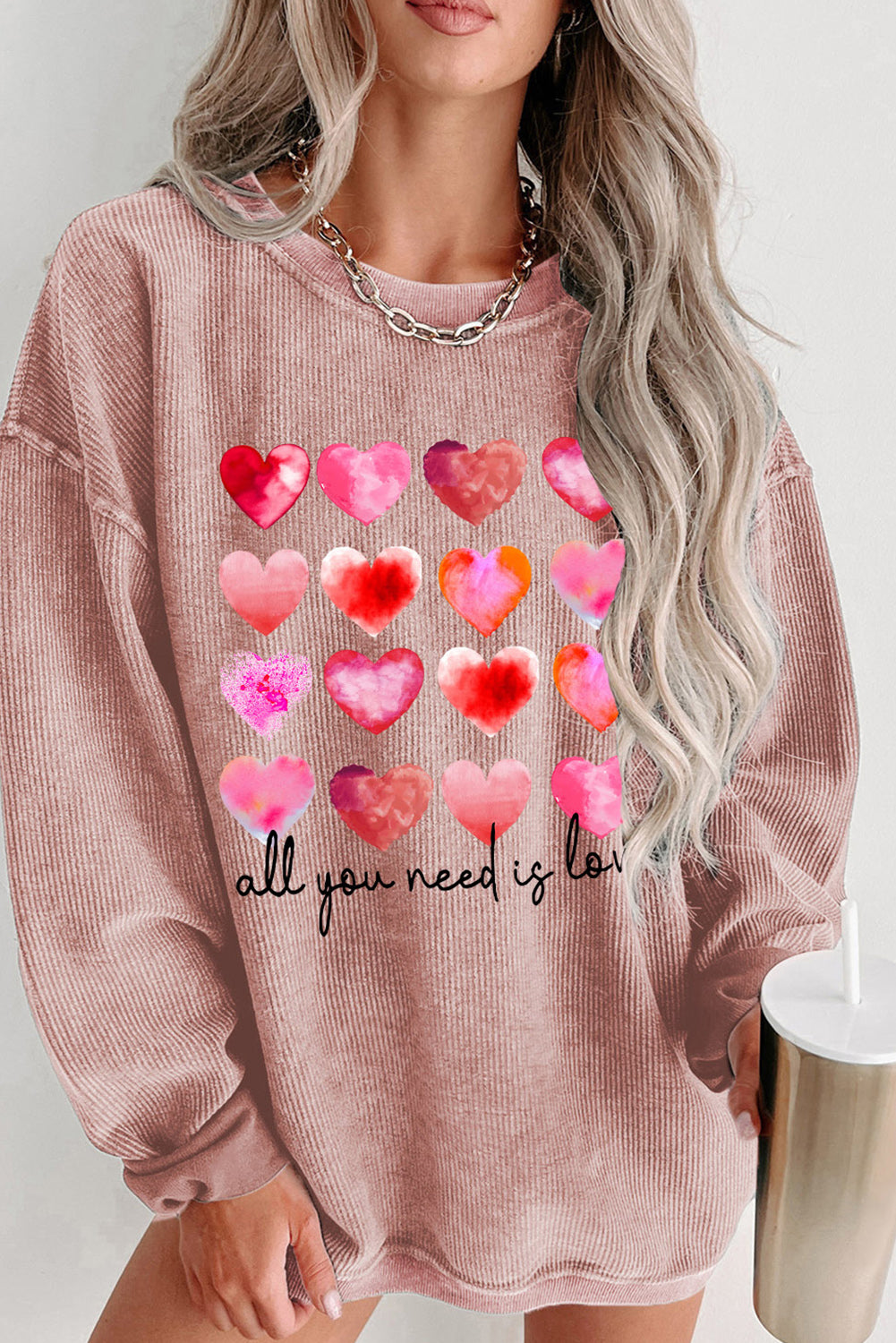 Pink Valentine Heart Shape Graphic Corded Sweatshirt Pink 100%Polyester Graphic Sweatshirts JT's Designer Fashion
