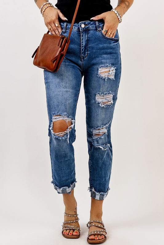 Distressed Straight Leg High Waist Jeans Sky Blue 85%Cotton+12%Polyester+3%Elastane Jeans JT's Designer Fashion