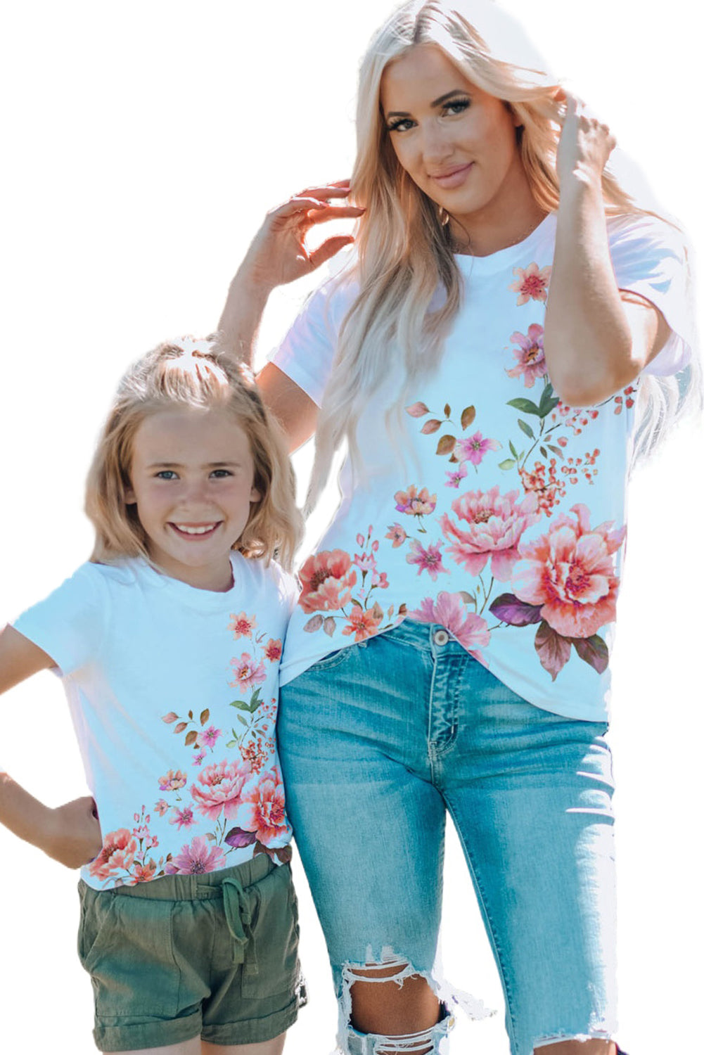 White Daughter and Me Floral Print Short Sleeve T Shirt Family T-shirts JT's Designer Fashion