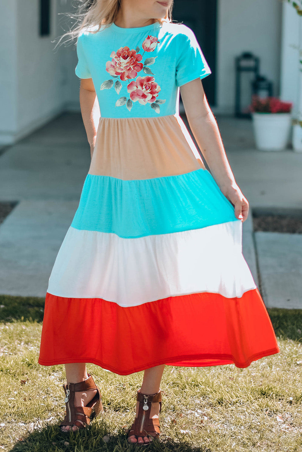 Multicolor Family Matching Floral Color Block Short Sleeve Girl's Maxi Dress Multicolor Family Dress JT's Designer Fashion