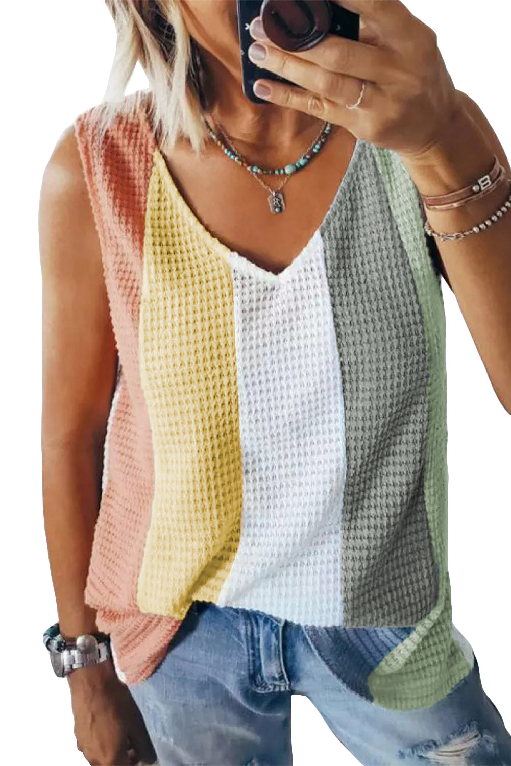 Multicolor Color Block V-Neck Waffle Knit Tank Top Tank Tops JT's Designer Fashion