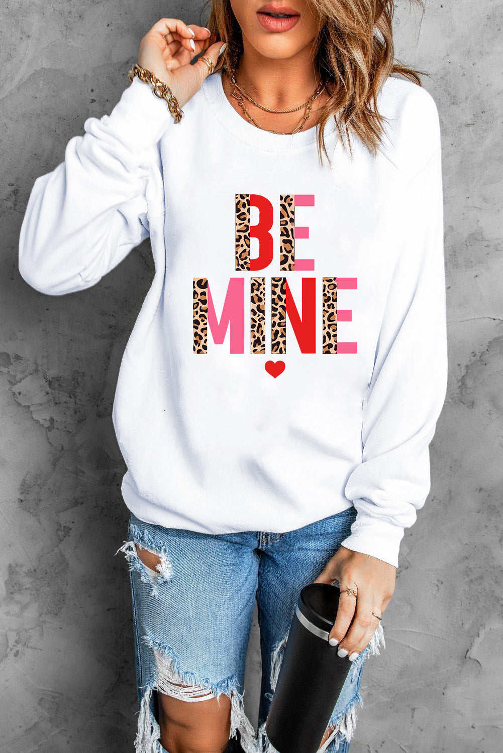 White BE MINE Leopard Heart Print Long Sleeve Sweatshirt Graphic Sweatshirts JT's Designer Fashion
